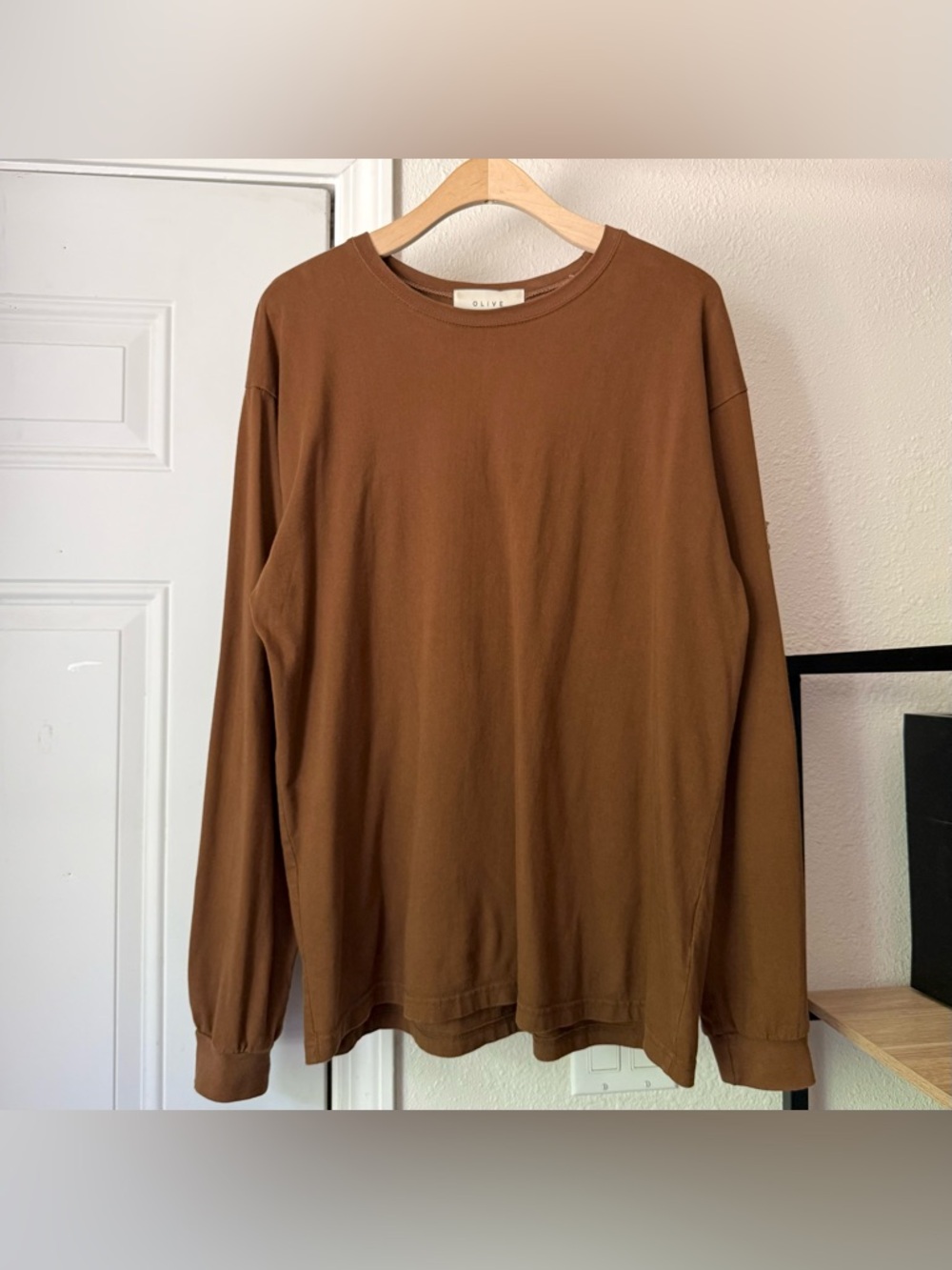 OLIVE CLOTHING Brown cotton crew neck oversized long sleeve tee t-shirt